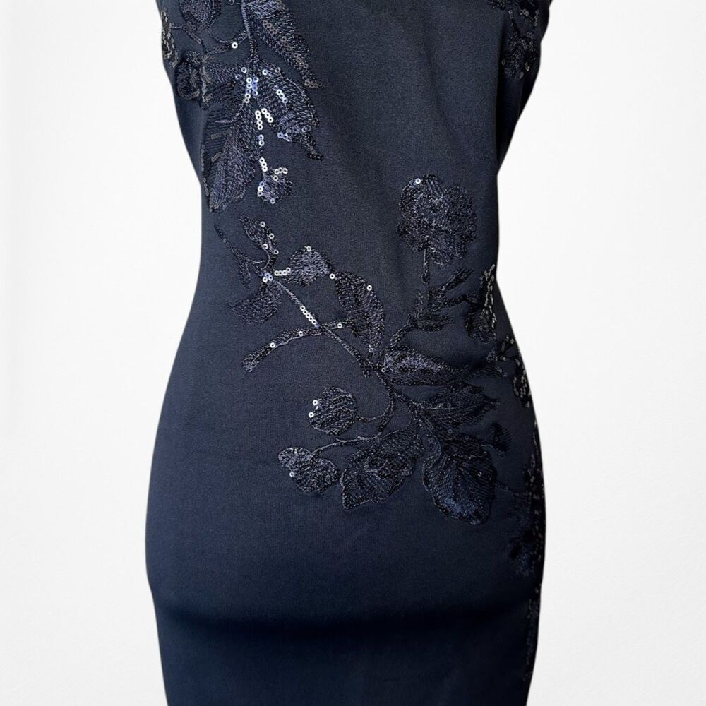 Vintage Y2K Tahari Navy Blue Bodycon Floral Mesh Sequin Cocktail Dress Size M - Picture 10 of 11